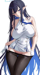  absurdres black_hair blue_archive blue_eyes blue_hair blue_halo blue_necktie blush breasts clothes_pull collarbone earrings female gloves grin halo highres jewelry large_breasts long_hair looking_at_viewer multicolored_hair necktie no_eyewear pantyhose pantyhose_pull pointy_ears rin_(blue_archive) shirt sideboob simple_background sleeveless sleeveless_shirt smile solo two-tone_hair very_long_hair white_background white_gloves white_shirt yukiaka 