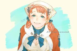  91007 annette_fantine_dominic artist_name blue_eyes braided_hair_rings breasts capelet cleavage female fire_emblem fire_emblem:_three_houses fire_emblem_warriors:_three_hopes fur_collar grin head_scarf medium_breasts official_alternate_costume official_alternate_hairstyle orange_capelet orange_hair short_hair smile solo twitter_username white_headwear 