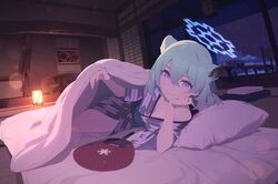  absurdres animal_ear_fluff animal_ears architecture artist_request bath_yukata bed_invitation blue_archive blue_halo blush breasts choko_(cup) cleavage come_hither crossed_bangs cup east_asian_architecture extra_ears female floor_lamp futon game_cg green_eyes green_hair grey_kimono hair_between_eyes halo hand_fan hanging_scroll head_rest highres indoors japanese_clothes kimono lens_flare lifting_covers looking_at_viewer medium_hair multicolored_eyes nail_polish naked_kimono non-web_source official_alternate_costume official_art paper_fan pillow pink_eyes purple_eyes purple_nails sash scroll shigure_(blue_archive) shigure_(hot_spring)_(blue_archive) smile solo statuette tail tatami under_covers weasel_ears weasel_girl weasel_tail yagasuri yukata 