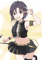  :d antenna_hair armband armpits artist_name bare_shoulders belt black_armband black_eyes black_hair black_skirt black_thighhighs black_vest blush breasts clenched_hand commentary crop_top cropped_vest female foot_up groin idolmaster idolmaster_(classic) kikuchi_makoto looking_at_viewer medium_breasts midriff mogskg multicolored_vest navel open_mouth short_hair signature skirt sleeveless smile solo thighhighs twitter_username two-tone_skirt v vest white_background white_vest yellow_armband yellow_background yellow_belt yellow_skirt yellow_vest zipper 