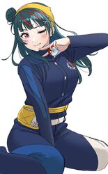  blue_hair blue_jacket blue_pants blush breasts carmine_(pokemon) carmine_(pokemon)_(cosplay) closed_mouth cosplay dunchy female hair_bun highres holding holding_poke_ball jacket long_hair long_sleeves looking_at_viewer love_live! love_live!_sunshine!! medium_breasts multicolored_hair one_eye_closed pants poke_ball pokemon pokemon_sv red_eyes red_hair single_side_bun sitting solo streaked_hair tsushima_yoshiko wariza white_background 