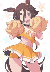  :d absurdres animal_ears blush brown_eyes brown_hair cheerleader commentary_request crop_top ear_ornament female hair_over_one_eye head_tilt highres holding holding_pom_poms horse_ears horse_girl horse_tail long_hair looking_at_viewer maru_(hachi_47923) midriff multicolored_hair navel notice_lines pleated_skirt pom_pom_(cheerleading) shirt short_shorts shorts simple_background skirt sleeveless sleeveless_shirt smile solo starry_background streaked_hair tail umamusume very_long_hair vodka_(umamusume) white_background white_hair yellow_shorts yellow_skirt 