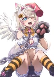  :3 :d absurdres angel angel_wings animal_ear_fluff animal_ears animal_hands blue_eyes blush breasts cleavage cleavage_cutout clothing_cutout curry_bowl dog_ears dog_girl dog_paws dog_tail fangs female frilled_shorts frills hair_ornament headpat highres hololive hololive_english looking_at_viewer medium_hair mococo_abyssgard multicolored_hair navel open_mouth pink_hair short_shorts shorts small_breasts smile socks solo streaked_hair striped_clothes striped_socks tail virtual_youtuber white_background white_shorts wings x_hair_ornament 