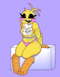  2023 animatronic anthro avian bib bird chicken clothing digital_media_(artwork) english_text female five_nights_at_freddy&#039;s five_nights_at_freddy&#039;s_2 galliform gallus_(genus) hi_res machine navysblues panties phasianid pink_clothing pink_panties pink_underwear robot scott_cawthon scottgames solo text toy_chica_(fnaf) underwear 