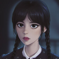  addams_family black_eyes black_hair blurry blurry_background braid english_commentary female highres lips long_hair looking_at_viewer mixed-language_commentary parted_bangs portrait solo twin_braids umigraphics wednesday_(netflix) wednesday_addams 