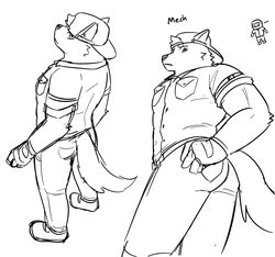  anthro ass bottomwear canid canine canis clothing fingerless_gloves footwear gloves hair handwear hat headgear headwear hi_res looking_at_viewer looking_down male mammal mech_(northwoooof) monochrome muscular muscular_anthro muscular_male northwoooof pants shirt shoes simple_background tail topwear wolf 