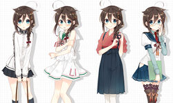  ahoge black_skirt black_socks blue_eyes blue_hakama blush braid brown_hair commentary_request cosplay dress female glasses hair_flaps hair_ornament hair_over_shoulder hakama hayasui_(kancolle) hayasui_(kancolle)_(cosplay) highres hip_vent houshou_(kancolle) houshou_(kancolle)_(cosplay) jacket japanese_clothes kantai_collection kimono kneehighs libeccio_(kancolle) libeccio_(kancolle)_(cosplay) long_hair long_sleeves miniskirt multiple_views naoto_(tulip) necktie ooyodo_(kancolle) ooyodo_(kancolle)_(cosplay) pantyhose parted_lips pleated_skirt red_necktie sailor_collar sailor_dress school_uniform serafuku shigure_(kancolle) shigure_kai_ni_(kancolle) simple_background single_braid skirt smile socks thighhighs white_dress white_pantyhose zettai_ryouiki 