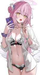  absurdres black_bra black_panties blue_archive blush bow bow_bra bra bracelet breasts commentary feathered_wings female hair_bun halo highres holding holding_phone jewelry large_breasts long_hair long_sleeves looking_at_viewer low_wings mika_(blue_archive) navel open_clothes open_mouth open_shirt panties phone pink_hair scrunchie see-through see-through_shirt shirt simple_background solo stomach underwear v vayneeeee wings wrist_scrunchie yellow_eyes 