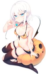  belt bikini black_shorts black_thighhighs blue_eyes blush breasts candy cleavage closed_mouth female food hair_between_eyes hair_over_one_eye halloween highres holding holding_candy holding_food holding_lollipop lollipop looking_at_viewer medium_breasts orange_belt orange_bikini original otokuyou ringo-chan_(otokuyou) short_hair shorts simple_background solo swimsuit tail thigh_strap thighhighs thighs torn_clothes torn_thighhighs white_background white_hair 