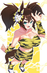  absurdres animal_ears aqua_eyes blush breasts brown_hair claw_pose cleavage collarbone cosplay fangs female fox_mask from_above geta hakurogi highres horse_ears horse_girl horse_tail inari_one_(umamusume) large_breasts lightning_background looking_at_viewer looking_up mask mask_on_head midriff oni_costume open_mouth sakura_laurel_(oni_laurel)_(umamusume) sakura_laurel_(umamusume) sakura_laurel_(umamusume)_(cosplay) solo tail twintails umamusume umamusume:_star_blossom v-shaped_eyebrows yellow_background 