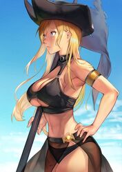  armlet bare_shoulders bikini black_bikini black_choker blonde_hair blue_eyes breasts choker cleavage collarbone fatal_fury female flag flagpole garou:_mark_of_the_wolves hair_between_eyes hat hinoru_saikusa jenet_behrn large_breasts long_hair navel official_alternate_costume open_mouth outdoors pirate pirate_hat snk solo stomach swimsuit the_king_of_fighters_all-stars 