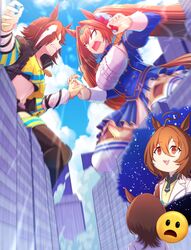  3girls agnes_tachyon_(umamusume) ahoge animal_ears battle breasts brown_hair cityscape commentary_request commission daiwa_scarlet_(umamusume) emoji empty_eyes giant giantess highres holding_hands horse_ears horse_girl lens_flare long_hair meme midriff multiple_girls navel open_mouth outdoors same_kujira_(challenger_310) short_hair skeb_commission sky space_cat_(meme) surprised thighhighs twintails umamusume vodka_(umamusume) 