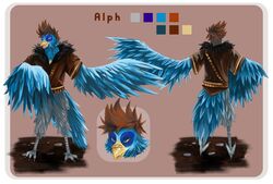  2021 4_toes alph_(bakugan2556) anthro avian bandage beak bird blue_body blue_eyes blue_feathers brown_hair cheek_tuft claws clothed clothing digital_drawing_(artwork) digital_media_(artwork) dirt facial_markings facial_tuft feathers feet fluffy fluffy_legs furred_clothing grey_body grey_feathers hair head_markings hi_res hydr4nge4 long_tail male markings model_sheet multicolored_body multicolored_clothing multicolored_feathers pantsless pantsless_anthro pantsless_male partially_clothed pink_tongue rear_view rock shirt short_hair smile solo spiky_hair square tail tail_feathers talons teeth text toes tongue toothed_beak topwear tuft winged_arms wings 