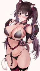  462vvv absurdres animal_ear_fluff animal_ears bare_shoulders bikini black_bikini black_gloves blue_eyes blurry blush breasts brown_hair cat_ears cat_girl cat_tail cleavage collarbone commentary cowboy_shot female fingerless_gloves gloves goddess_of_victory:_nikke groin hair_between_eyes hair_ribbon hands_up heterochromia highres large_breasts long_hair looking_at_viewer navel nero_(nikke) parted_lips pink_eyes pouch red_ribbon ribbon sidelocks simple_background single_thighhigh skindentation solo standing stomach string_bikini swimsuit tail thighhighs twintails two-tone_bikini white_background 