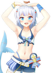  :d armpits arms_up belt belt_buckle bikini bikini_under_clothes blue_eyes blue_hair blue_shorts breasts buckle collarbone commentary_request female fins fish_tail front-tie_bikini_top front-tie_top gawr_gura hair_ornament highres hololive hololive_english hololive_summer_2023_swimsuit layered_bikini looking_at_viewer multicolored_hair navel open_clothes open_fly open_shorts prophosphere shark_tail sharp_teeth short_shorts shorts signature simple_background small_breasts smile solo star_(symbol) streaked_hair striped_bikini striped_clothes swimsuit tail teeth two_side_up virtual_youtuber white_background white_belt white_bikini 