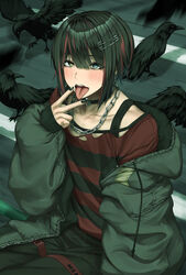  1boy absurdres bird blush chains choker crow earrings hair_ornament highres jacket jewelry karasu_(jjwh2832) looking_at_viewer male_focus mashiro_meme mashiro_meme_(3rd_costume) medium_hair necktie nijisanji pink_hair shirt sidelocks single_earring sitting slit_pupils smile solo tongue tongue_out virtual_youtuber yellow_eyes 