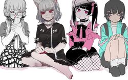  4girls :3 animal_ears aqua_jacket atsuko_(222atuko) backpack bad_id bad_twitter_id bag bags_under_eyes barefoot black_bow black_bowtie black_dress black_hair black_shorts blood blunt_bangs blush bow bowtie bruise cat_ears cat_girl cat_rubbing_(cevio) cevio che-che_check_one_two!_(vocaloid) choker clothing_cutout collar collarbone commentary darling_dance_(vocaloid) dress dress_bow empty_eyes fishnet_pantyhose fishnets flower frilled_dress frilled_skirt frills furrowed_brow gauze_on_cheek grey_hair hair_flower hair_ornament hair_ribbon hairbow half-closed_eyes hand_on_lap hands_on_lap hands_on_own_knees headphones heart heart-shaped_pupils highres holding holding_phone injury iyowa_girls jacket jirai_kei knees_up kurari-chan_(iyowa) kyu-kurarin_(cevio) leash light_frown lineup long_sleeves looking_at_phone looking_at_viewer multiple_girls multiple_hair_bows necktie nose_blush nosebleed official_style open_clothes open_jacket pantyhose partially_colored phone pink_blood pink_bow pink_eyes pink_ribbon pink_shirt pink_trim plaid plaid_skirt puffy_short_sleeves puffy_sleeves raised_eyebrows red_nails ribbon school_uniform seiza shirt shirt_tucked_in short_hair short_hair_with_long_locks short_sleeves shorts shoulder_cutout sitting skirt songover symbol-only_commentary symbol-shaped_pupils tearing_up tissue_in_nose track_jacket twintails vocaloid voiceroid wavy_hair white_bow white_collar white_shirt yokozuwari yuzuki_yukari 