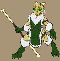  2014 3_toes 4_fingers anthro bone_club clothing coat dnd_homebrew dungeons_and_dragons feathers feet female fingers flat_chested fur green_sclera hasbro horn knife_on_arm knife_on_leg kobold mca_jabberwocky parka pupils rezzic scales scalie smile solo standing tabard tail toes topwear wizards_of_the_coast yellow_body yellow_eyes yellow_scales 