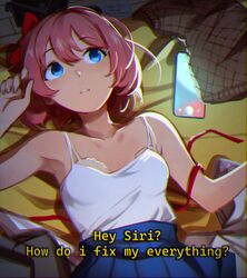  absurdres bare_arms bare_shoulders blue_eyes bow bra bra_peek breasts brown_vest chromatic_aberration d: doki_doki_literature_club english_text female hair_between_eyes hairbow highres jacket khyle. looking_up lying on_back paid_reward_available phone pink_hair pleated_skirt red_bow reference_request ribbon sayori_(doki_doki_literature_club) shirt shirt_tucked_in short_hair skirt small_breasts solo subtitled teeth underwear unworn_jacket unworn_vest vest white_bra white_shirt 