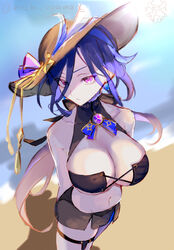  bare_shoulders bikini black_bikini breasts cleavage clorinde_(genshin_impact) female genshin_impact hat highres large_breasts long_hair looking_at_viewer low_ponytail mochi_upamo navel parted_bangs purple_eyes purple_hair solo straw_hat swimsuit thighs vision_(genshin_impact) 