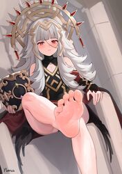  absurdres bare_legs barefoot book closed_mouth crown dress feet female fire_emblem fire_emblem_heroes foot_focus grey_hair hair_ornament highres holding holding_book light_frown long_hair norza petite red_eyes sitting soles solo throne toes veronica_(fire_emblem) 