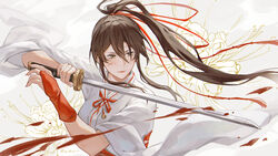  absurdres bridal_gauntlets brown_hair female flower hair_ribbon hakama high_ponytail highres holding holding_sword holding_weapon japanese_clothes jigokuraku katana kimono long_hair red_bridal_gauntlets ribbon shiro-hane solo spider_lily sword upper_body weapon white_hakama white_kimono yamada_asaemon_sagiri 