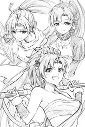  bandages bandeau bare_shoulders breasts chest_sarashi cleavage commentary dress earrings female fire_emblem fire_emblem:_the_blazing_blade fire_emblem_heroes greyscale grin headband holding holding_weapon jewelry juliet_sleeves long_sleeves looking_at_viewer lyn_(fire_emblem) lyn_(flame)_(fire_emblem) lyn_(ninja)_(fire_emblem) lyn_(valentine)_(fire_emblem) medium_breasts monochrome multiple_views ninja official_alternate_costume ponytail puffy_sleeves sarashi scarf shuriken smile strapless ten_(tenchan_man) tube_top upper_body weapon 