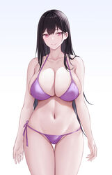  alexiel_(pixiv6211566) arms_at_sides bare_arms bikini black_hair blush breasts cleavage closed_mouth collarbone commentary_request cowboy_shot female gradient_background hair_between_eyes highres large_breasts long_hair looking_at_viewer navel original pink_eyes purple_bikini side-tie_bikini_bottom sideboob simple_background smile solo standing stomach string_bikini swimsuit thigh_gap 