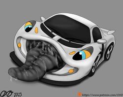  car dire_car dire_machine dire_vehicle living_car living_machine living_vehicle looking_at_viewer machine not_furry open_mouth orcaxdragon simple_background solo text tongue url vehicle white_background 