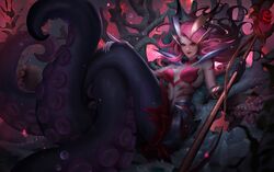  bare_shoulders bikini black_gloves breasts closed_mouth coven_nami elbow_gloves female gloves hair_ornament holding holding_staff large_breasts league_of_legends long_hair monster_girl nami_(league_of_legends) red_bikini red_eyes red_hair scylla smile solo staff swimsuit tentacle watermark web_address zarory 