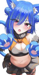  :o alternate_costume animal_ear_fluff animal_ears animal_hands balflear_(oe19nlud) bikini bikini_top_only black_bikini black_skirt blue_hair blush breasts candy_earrings cat_ears cat_girl cat_tail cleavage commentary_request cowboy_shot double_bun earrings eyes_visible_through_hair female fur_collar gloves green_hair hair_between_eyes hair_bun highres jack-o&#039;-lantern_brooch jewelry kemonomimi_mode long_bangs looking_at_viewer medium_breasts medium_hair miniskirt mole mole_on_stomach mole_under_eye multicolored_hair nanashi_inc. oerba_yun_fang open_mouth paw_gloves pink_eyes pleated_skirt simple_background skin_fang skirt solo suzumi_nemo swimsuit tail two-tone_hair virtual_youtuber white_background 