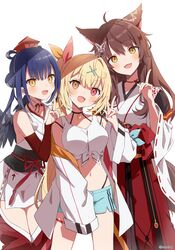  3girls absurdres animal_ear_fluff animal_ears artist_name bare_shoulders black_wings blonde_hair blue_shorts blunt_bangs blush bow-shaped_hair bra_strap breasts brown_hair brown_sleeves collarbone cropped_legs detached_pants dot_nose double_bun elbow_sleeve feathered_wings fox_ears fox_girl fox_tail fumi_(1st_costume)_(nijisanji) fumi_(nijisanji) h_(eitilog) hair_between_eyes hair_bun hair_ornament hakama hakama_skirt hat heterochromia highleg highleg_panties highres hoshikawa_sara hoshikawa_sara_(1st_costume) index_finger_raised jacket japanese_clothes kimono large_breasts long_hair long_sleeves looking_at_viewer medium_breasts midriff miko multiple_girls navel nijisanji obi obiage obijime off_shoulder open_mouth orange_eyes orihimeboshi_(nijisanji) panties red_eyes red_headwear red_ribbon red_skirt revision ribbon sash shirt short_kimono short_shorts shorts side_ponytail simple_background skirt sleeveless sleeveless_kimono smile stomach tail tank_top tengu thighs tied_shirt tokin_hat twintails twitter_username underwear v-shaped_eyebrows virtual_youtuber w white_background white_jacket white_kimono white_tank_top wide_sleeves wings x_hair_ornament yamagami_karuta yamagami_karuta_(1st_costume) yellow_eyes 