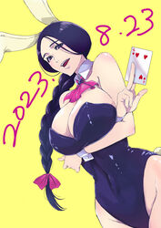  absurdres animal_ears anno_im arms_under_breasts black_hair black_leotard bleach braid braided_ponytail breasts card cleavage collar crossed_arms dated detached_collar dutch_angle fake_animal_ears female hair_ribbon highleg highleg_leotard highres holding holding_card large_breasts leotard long_hair looking_at_viewer open_mouth playboy_bunny playing_card purple_eyes rabbit_ears rabbit_tail ribbon solo strapless strapless_leotard tail thighhighs unohana_retsu very_long_hair wrist_cuffs yellow_background 