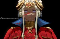  91007 :| artist_name black_background blood blood_on_clothes blood_on_face closed_mouth commentary copyright_name double_bun edelgard_von_hresvelg female fire_emblem fire_emblem:_three_houses gem gold_horns hair_bun headpiece horns long_hair parted_bangs portrait purple_eyes red_gemstone short_hair_with_long_locks simple_background solo straight-on twitter_username upper_body white_hair 