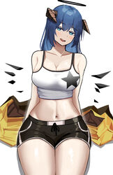  :d absurdres arknights bare_shoulders black_shorts blue_eyes blue_hair breasts camisole chinese_commentary cleavage commentary cowboy_shot crop_top female halo highres horns large_breasts long_hair looking_at_viewer midriff mostima_(arknights) navel official_alternate_costume open_mouth short_shorts shorts simple_background sitting smile solo spaghetti_strap star_(symbol) star_print stomach tofudofu white_background 