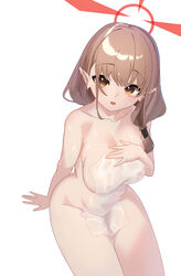  absurdres blue_archive blush breasts brown_eyes chinatsu_(blue_archive) chinatsu_(hot_spring)_(blue_archive) cleavage cowboy_shot female halo highres large_breasts light_brown_hair long_hair naked_towel no_eyewear open_mouth pointy_ears red_halo simple_background smile solo towel u-st_(uweiter) white_background 