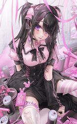  :p arm_support black_choker black_hair black_ribbon black_skirt bow breasts buttons can choker cross cross_choker detached_sleeves double-breasted dress_shirt female frilled_shirt frills hair_ornament hairbow hairclip highres large_breasts long_hair long_sleeves neck_ribbon original phone pink_eyes pink_ribbon pink_thighhighs puffy_short_sleeves puffy_sleeves ribbon scar scar_on_arm self-harm self-harm_scar shirt short_sleeves skirt smile solo spiked_thighlet star_(symbol) star_hair_ornament striped_clothes striped_thighhighs thighhighs tongue tongue_out unxi violeta_(unxi) white_bow white_thighhighs 