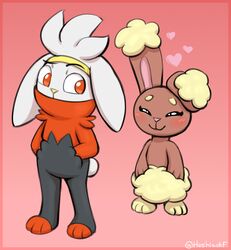  admiring ambiguous_gender anthro blush brown_body brown_fur buneary duo eyebrows fangirl female feral fur generation_4_pokemon generation_8_pokemon heart_symbol heshieokf hi_res lagomorph looking_back love mammal nintendo pokemon pokemon_(species) raboot raised_eyebrow red_eyes 