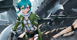  absurdres anti-materiel_rifle black_gloves blue_eyes blue_hair bolt_action breasts female fingerless_gloves gloves gun hair_between_eyes handgun highres holding holding_gun holding_weapon indy_k jacket leotard looking_at_viewer medium_breasts open_clothes open_jacket pgm_hecate_ii rifle ruins scarf short_hair short_hair_with_long_locks short_shorts shorts sinon sniper_rifle solo sword_art_online weapon 