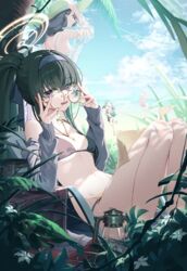  &lt;|&gt;_&lt;|&gt; 4girls bags_under_eyes beach bikini black_bikini black_hair black_wings blue_archive breasts commentary day english_commentary flower glasses grey_jacket hairband halo hanako_(blue_archive) hanako_(swimsuit)_(blue_archive) hat head_wings highres hinata_(blue_archive) hinata_(swimsuit)_(blue_archive) jacket knees_up koharu_(blue_archive) koharu_(swimsuit)_(blue_archive) large_breasts legs long_braid long_hair long_sleeves multiple_girls ocean official_alternate_costume penguin_say pink_hair pink_halo ponytail purple_eyes purple_hairband red_halo round_eyewear small_breasts straw_hat swimsuit ui_(blue_archive) ui_(swimsuit)_(blue_archive) very_long_hair white_flower wings yellow_halo 