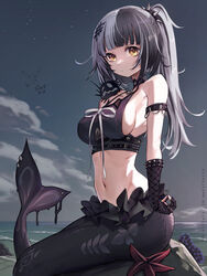  absurdres adapted_costume black_gloves black_hair black_sky breasts cloud commentary female fins gloves grey_hair hairband highres hololive hololive_english large_breasts mermaid monster_girl monsterification multicolored_hair navel partially_fingerless_gloves ponytail qiaogun_damodao revision shiori_novella sidelocks sky spiked_hairband spikes split-color_hair virtual_youtuber water yellow_eyes yorick_(shiori_novella) 