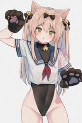  :o animal_ears animal_hands arm_up bare_hips bell black_bow black_collar black_leotard blue_sailor_collar blush bow cat_ears collar commentary covered_navel female girls&#039;_frontline gloves green_eyes grey_background groin hair_bell hair_between_eyes hair_intakes hair_ornament hairbow head_tilt highleg highleg_leotard highres leotard leotard_under_clothes long_hair looking_at_viewer neck_bell no_pants open_mouth paw_gloves paw_pose pink_hair sailor_collar school_uniform serafuku shirt short_sleeves signature simple_background sleeveless_turtleneck_leotard solo thighs tmp_(girls&#039;_frontline) tmp_(meow_prism_power)_(girls&#039;_frontline) two_side_up white_shirt youthpaint 