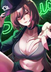  alternate_costume animal_ears baseball_cap black_choker black_hat black_jacket black_shorts boc&#039;z_(umamusume) breasts brown_hair choker cleavage commentary_request cropped_jacket female grey_tank_top hair_between_eyes hat highres horse_ears horse_girl jacket kitsune_yuki large_breasts long_hair looking_at_viewer neon_lights outstretched_hand red_eyes shorts sirius_symboli_(umamusume) solo tank_top umamusume very_long_hair 