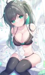  ahoge black_bra black_panties black_thighhighs blush bow bow_bra bow_panties bra braid breasts cleavage collarbone colored_inner_hair curtains female green_bow green_eyes green_hair highres large_breasts leaf lingerie long_hair looking_at_viewer mikaze_oto multicolored_hair navel open_clothes open_shirt original panties parted_lips pillow shirt sitting solo thighhighs underwear white_shirt 