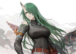  arknights arm_ribbon belt black_shirt breasts clothing_cutout commentary_request covered_navel dirty dirty_face female flag green_hair hair_over_one_eye highres horns hoshiguma_(arknights) hoshiguma_(ronin_huntress)_(arknights) long_hair long_sleeves mask oni_mask parted_lips qinglai_haiji red_belt ribbon scar scar_on_face scar_on_shoulder shield shirt shoulder_cutout single_horn skin-covered_horns solo sweatdrop turtleneck upper_body 