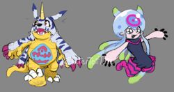  animal_skin anthro bandai_namco belly belly_markings claws digimon digimon_(species) duo female fur gabumon hi_res horn humanoid jellymon male markings moobs pink_body slightly_chubby striped_body striped_fur stripes tatertottoto tentacle 