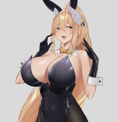  absurdres animal_ears befe black_gloves black_leotard blonde_hair blush breasts cleavage commentary covered_navel cowboy_shot detached_collar fake_animal_ears female gloves goddess_of_victory:_nikke gold_bowtie green_eyes grey_background hair_between_eyes hair_intakes hair_ornament high_ponytail highres huge_breasts leotard long_hair looking_at_viewer oerba_yun_fang official_alternate_costume open_mouth playboy_bunny rabbit_ears rupee_(nikke) rupee_(rabbit_deluxe)_(nikke) sideboob simple_background smile solo standing strapless strapless_leotard sweat undersized_breast_cup 