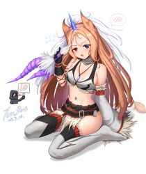  1other absurdres archetto_(arknights) arknights artist_name black_gloves blood blue_eyes bra breasts cosplay dagger detached_sleeves doctor_(arknights) fake_horns female full_body fur-trimmed_bra fur-trimmed_sleeves fur_trim gloves heterochromia highres holding holding_dagger holding_knife holding_sign holding_weapon horns kirin_(armor) kirin_r_yato_(arknights) kirin_r_yato_(arknights)_(cosplay) knife long_hair monster_hunter_(series) nosebleed orange_hair red_eyes score sideboob sign single_detached_sleeve single_glove single_horn single_sleeve sitting skirt solo_focus spoken_blush stomach tcm_bot thighhighs underwear wariza weapon yato_(arknights) 