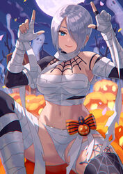  angel_(kof) bandaged_arm bandaged_chest bandaged_leg bandages blue_eyes breasts cleavage commentary costume female hair_over_one_eye halloween halloween_costume highres horns_pose index_fingers_raised large_breasts looking_at_viewer md5_mismatch midriff mummy mummy_costume naked_bandage navel short_hair snk solo the_king_of_fighters the_king_of_fighters_all-stars toned white_hair yagi2013 