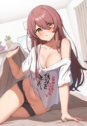  absurdres arm_support bed_invitation bed_sheet black_shorts blanket blush breasts cleavage collarbone commentary_request dolphin_shorts female hair_between_eyes highres holding holding_blanket idolmaster idolmaster_shiny_colors lifting_covers long_hair looking_at_viewer medium_breasts navel no_bra no_panties off_shoulder on_bed open_mouth osaki_tenka red_hair shirt short_shorts shorts sitting solo sweat swept_bangs translated under_covers wanimaru white_shirt yellow_eyes 